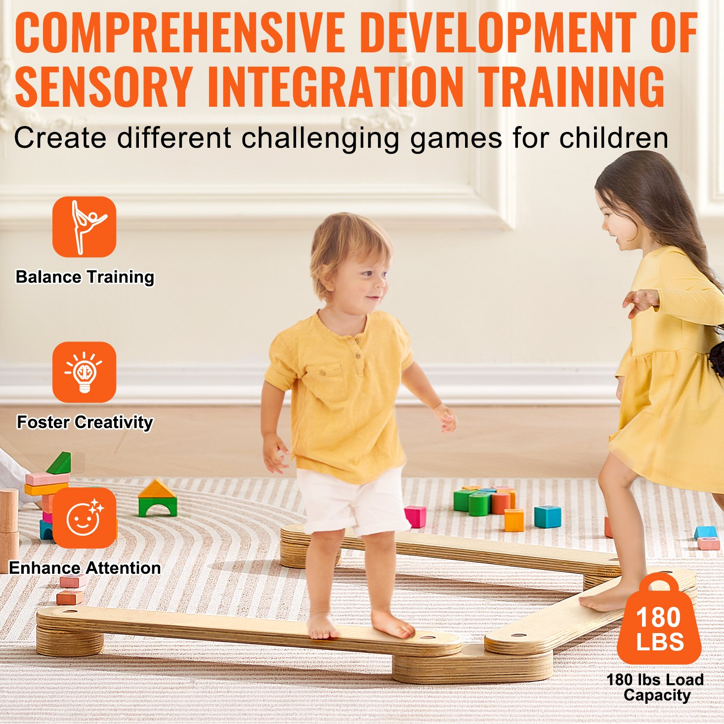 Two children on a balance beam with VEVOR branding and text about sensory integration training.
