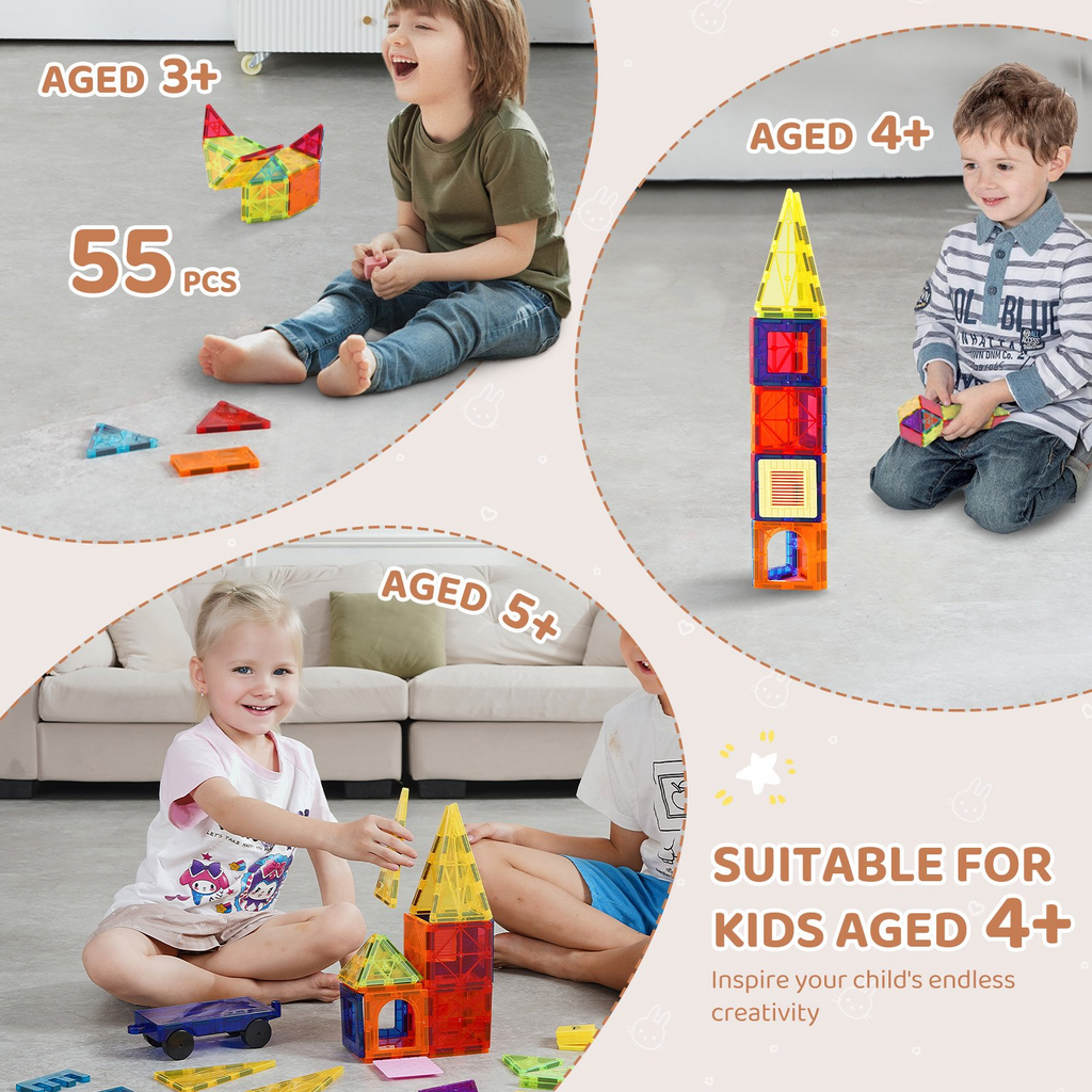 Children playing with colorful building blocks in a home setting, with text indicating age suitability and piece count.