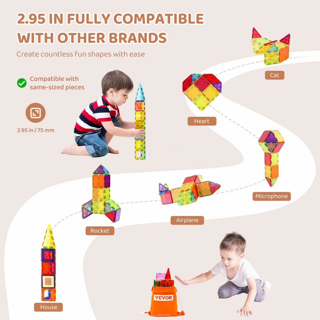 Colorful magnetic building blocks with children playing and examples of shapes they can create.