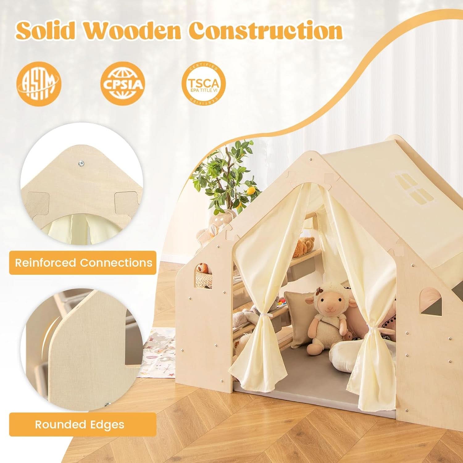 Large Wooden Play Tent With Multifunctional Storage-3