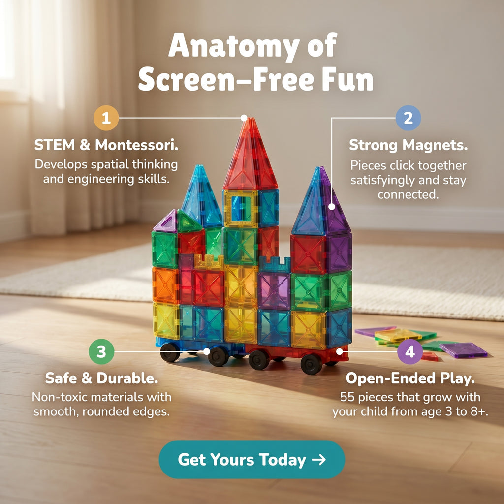 Colorful magnetic building blocks set on a wooden floor with text highlighting benefits.