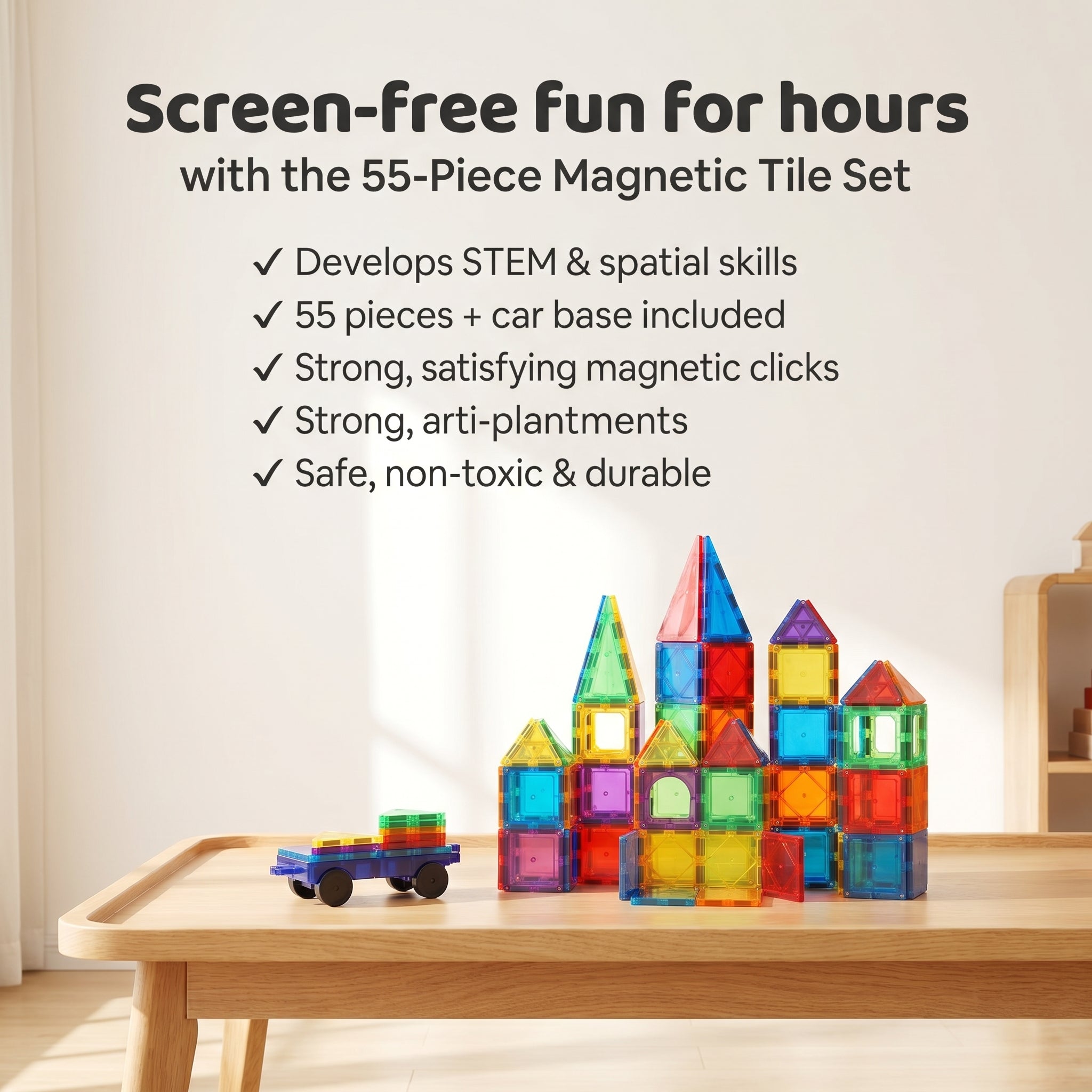 Colorful magnetic tiles on a wooden table with text highlighting features.