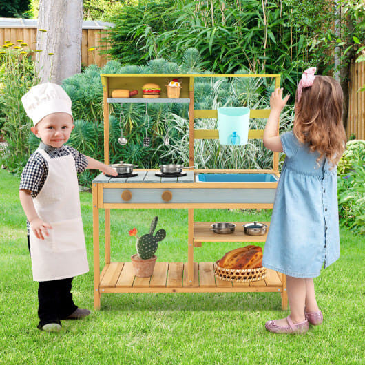 Outdoor Kids Mud Kitchen with Faucet and Water Box-1