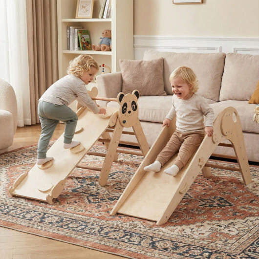 Triangle Set Foldable Kids Climbing Toys Panda-Themed Wood Montessori Climbing Set-Macaron-2