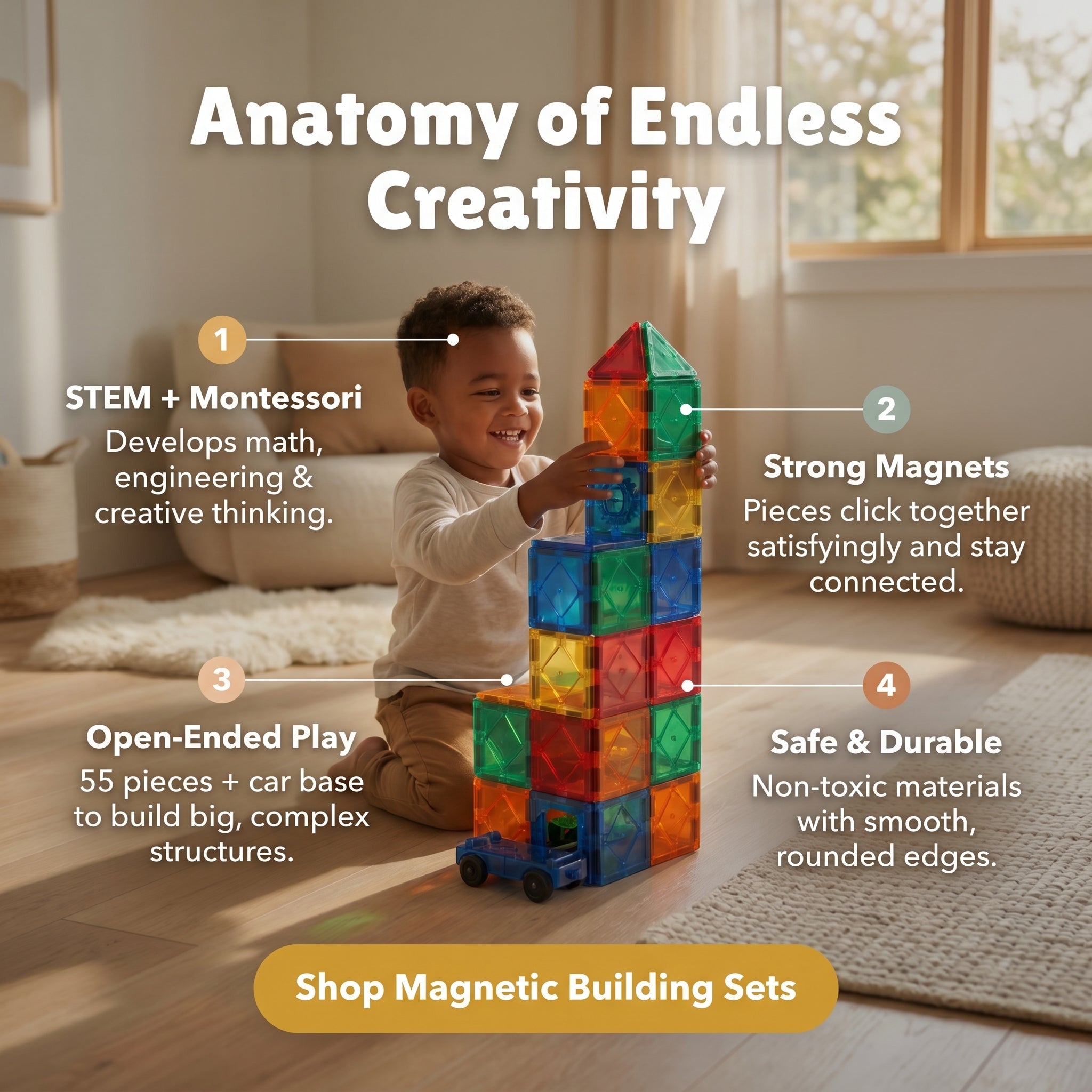 Child playing with a magnetic building set in a living room, with text highlighting features.