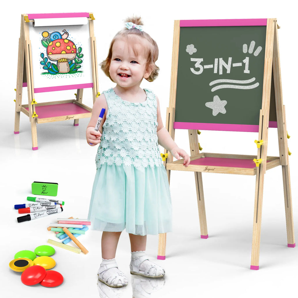 Engaging JOYOOSS Kids Art Easel - Dual-Sided Adjustable Wooden Magnetic Board for Creative Fun!