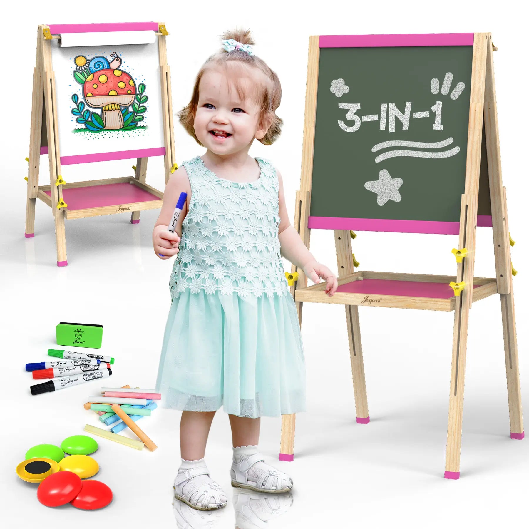 Engaging JOYOOSS Kids Art Easel - Dual-Sided Adjustable Wooden Magnetic Board for Creative Fun!