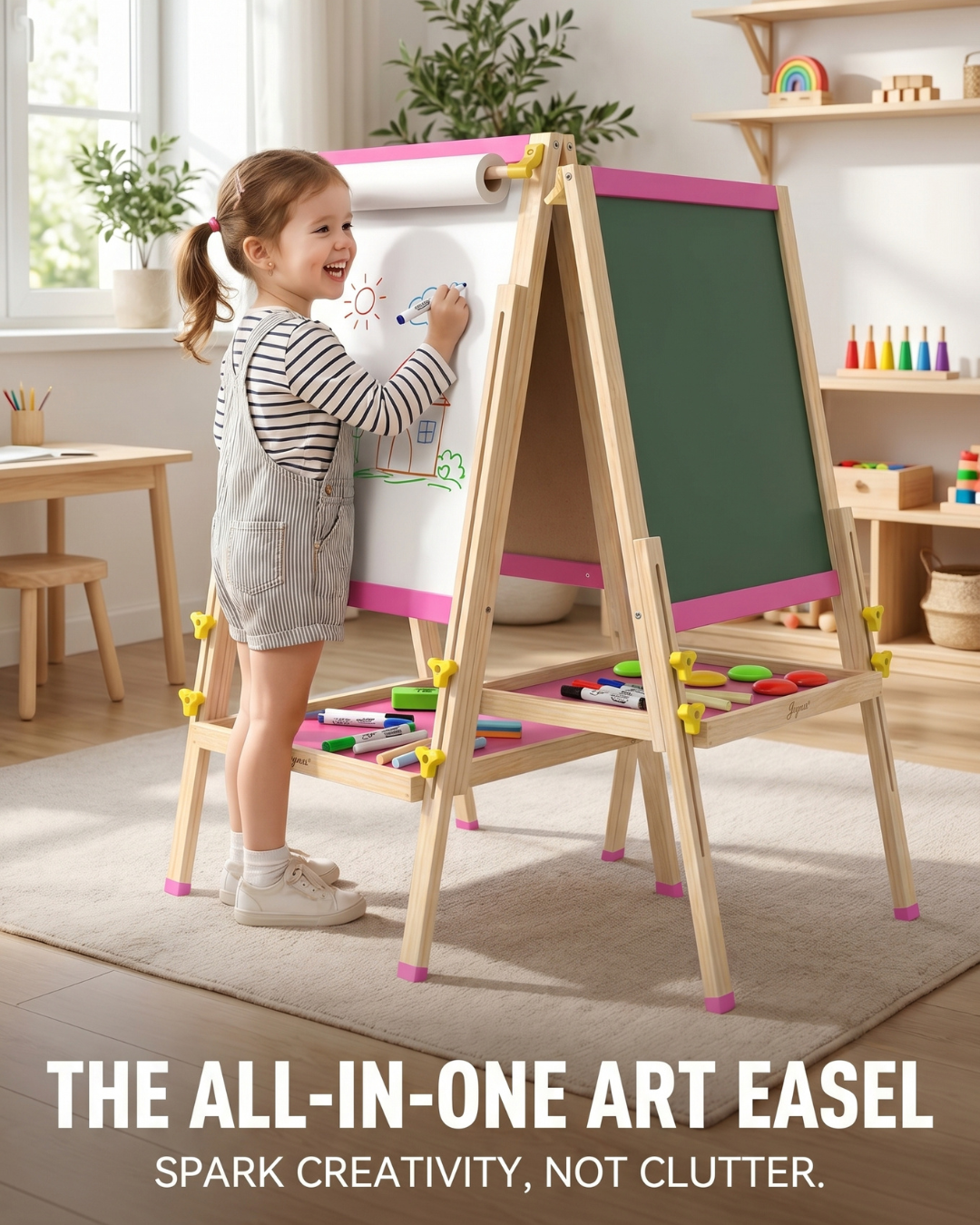 Engaging JOYOOSS Kids Art Easel - Dual-Sided Adjustable Wooden Magnetic Board for Creative Fun!